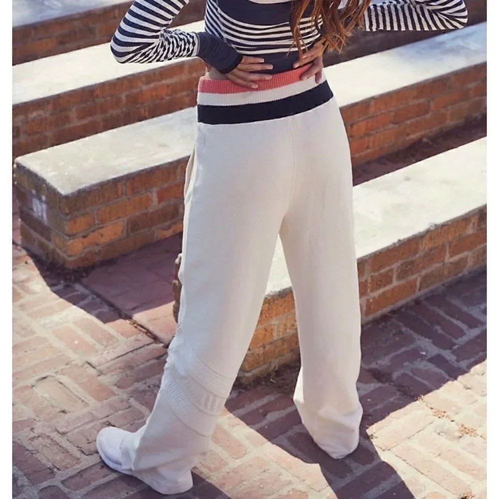 NEW FREE PEOPLE MOVEMENT Sz S EARLY RISER TRACK PANT WIDE LEG PULL ON IVORY - Picture 2 of 3